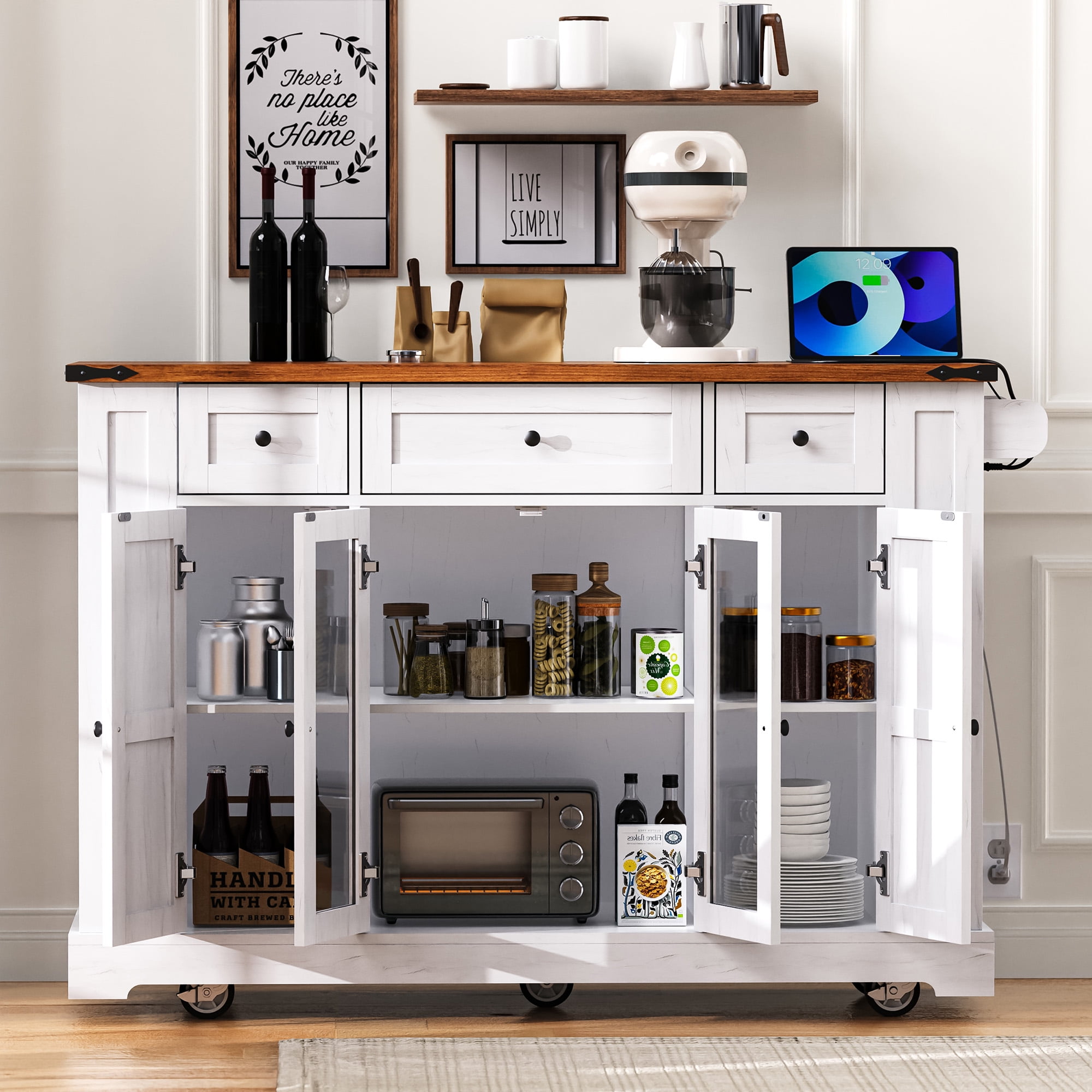 Euroco 53'' Farmhouse Kitchen Island with Two Tempered Glass Cabinet Doors，Rolling Kitchen Cart on Wheels