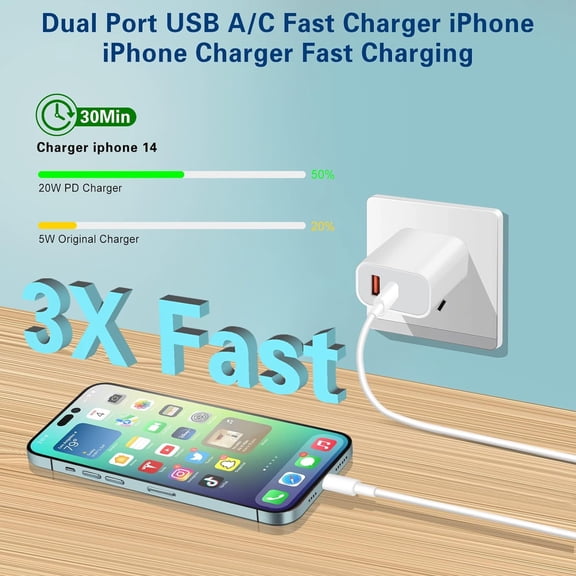 Dual Port USB-C and USB-A Block To Lightning 10 FT Charger