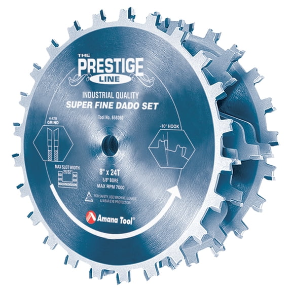 Amana Tool 658060C Electro Blu Coated Carbide Tipped Prestige Dado 8 Inch D x 24T H- ATB 5/8 Inch Bore Complete Dado Set