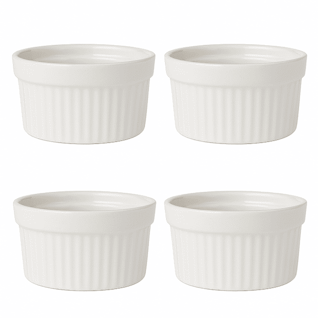 Beille 4pc Oven Safe White Fluted Ceramic Ramekins Baking Supplies Kitchen Essentials (5oz Capacity)