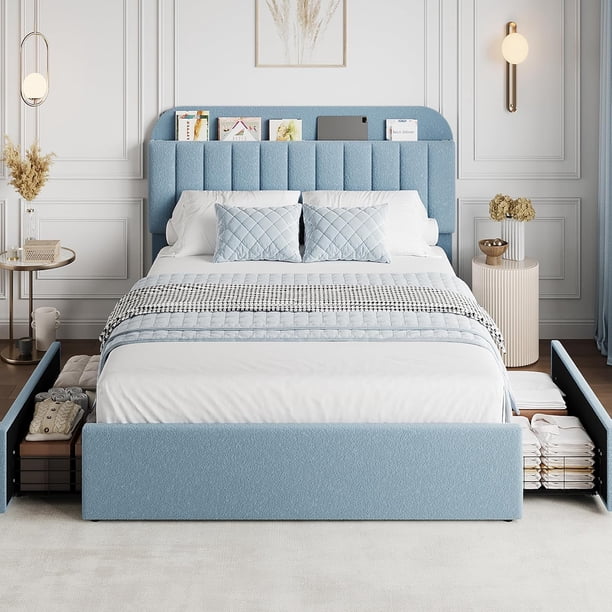 Qinaqin Full Cama Frame con Almacenamiento cm de Alturaeadboard Kids 2 Cajones Boucle Upholstered Platform Bookcase No Caja Spring Needed Easy Assembly Azul