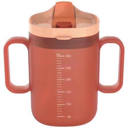 Elderly Spill Proof Cup with Handles - 300ml / 10oz Adult Sippy Cup, One Hand Open Lid, Easy Grip & Food Safe Silicone Straw, Lightweight Coral