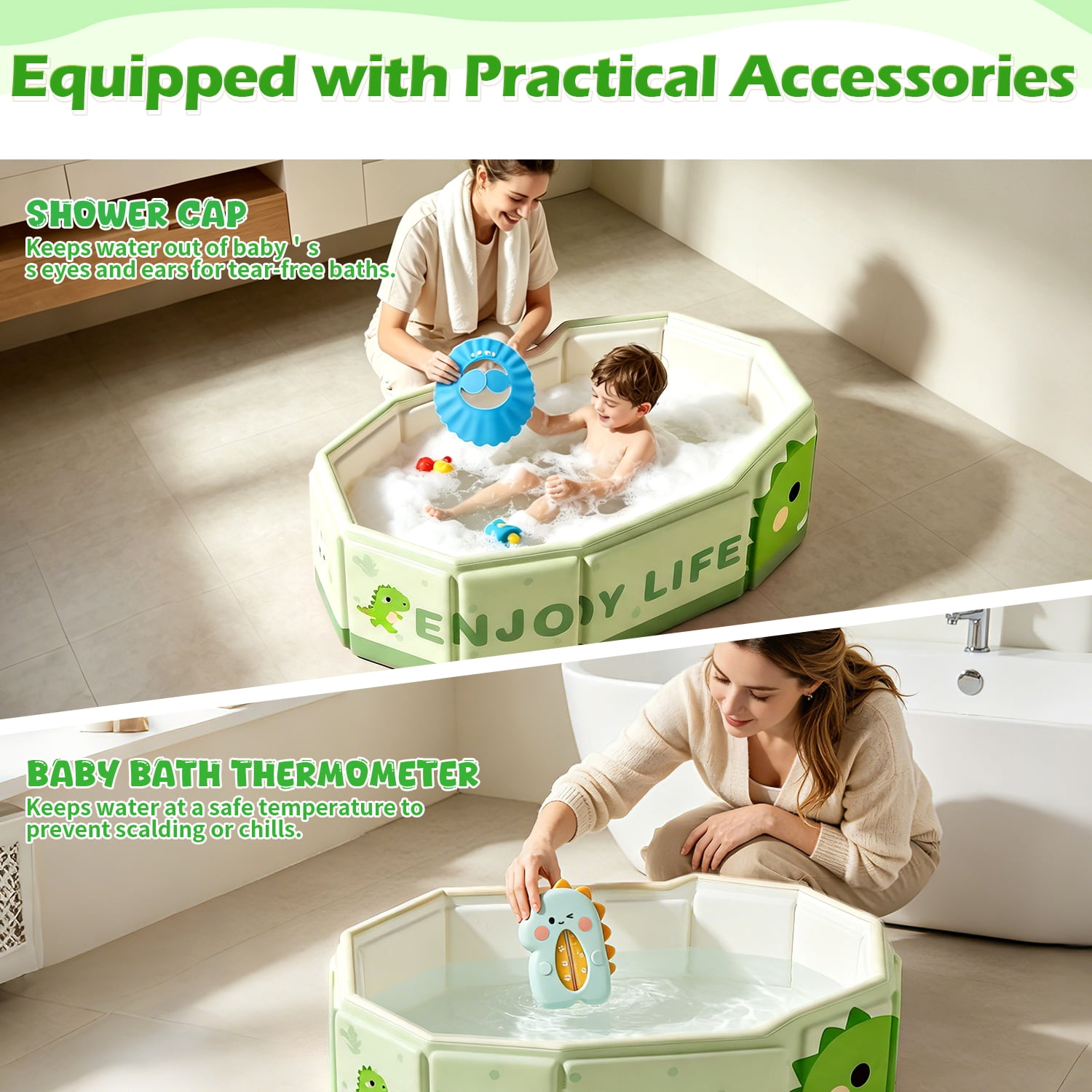 Wonderstone Portable Foldable Bathtub, Collapsible Baby Shower Tub with Drainage Design, Beach Vacation Travel Essentials for 1-3 Kids Toddler (Green)