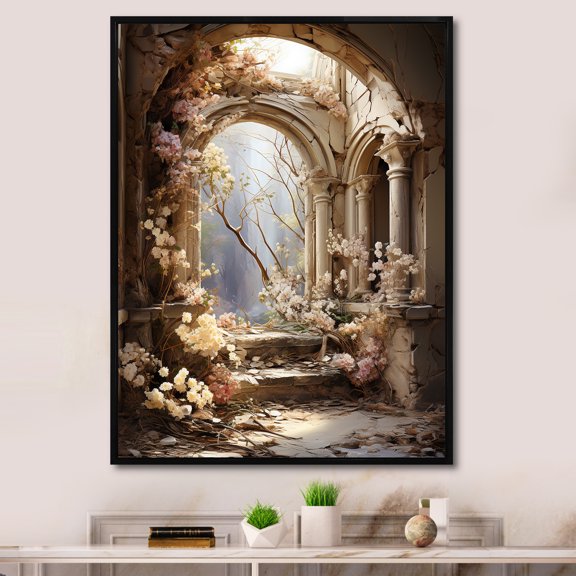 Designart "Blooms in Ancient Ruins II" Fashion Framed Wall Art - Glam Yellow Fantasy Entryway Framed Wall Art