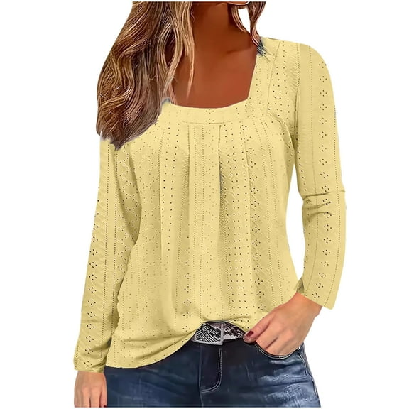 AherBiu Long Sleeve Tops for Women Eyelet Ruched Loose Fall Casual Shirts Square Neck Vacation Blouse
