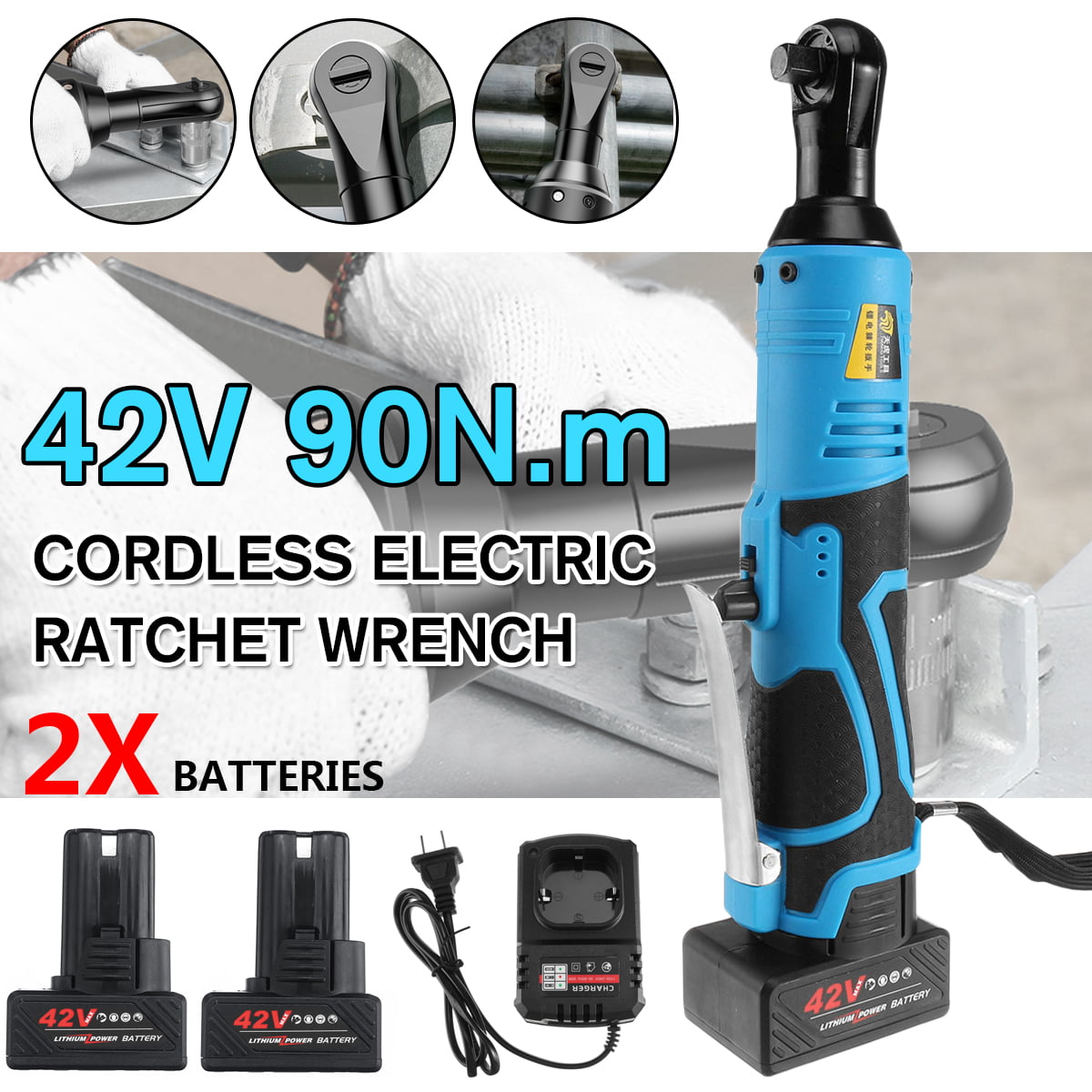 3/8'' 42V Electric Cordless Ratchet Right Angle Wrench Tool & 2X Li-ion Battery