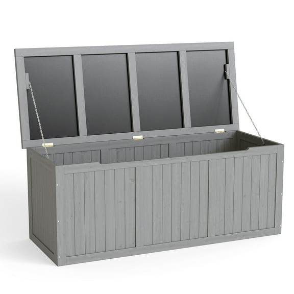 112 Gallon Outdoor Wooden Deck Box Solid Wood Storage Box Seat & Table Top for Patio Furniture Cushions, Pool Toys & Garden Tools