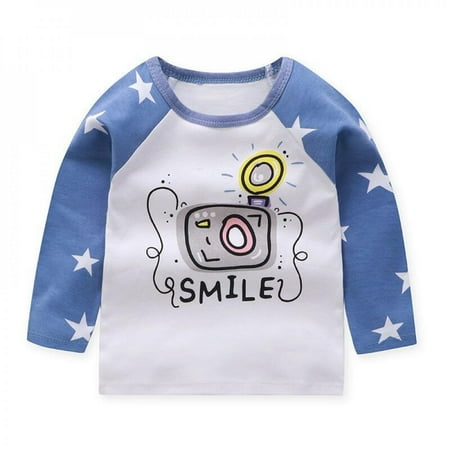 

Autumn Baby Bottoming Shirt for Boys Girls Cartoon Print Stitching Sleeves Round Neck Long-sleeved T-shirt Stripes tops