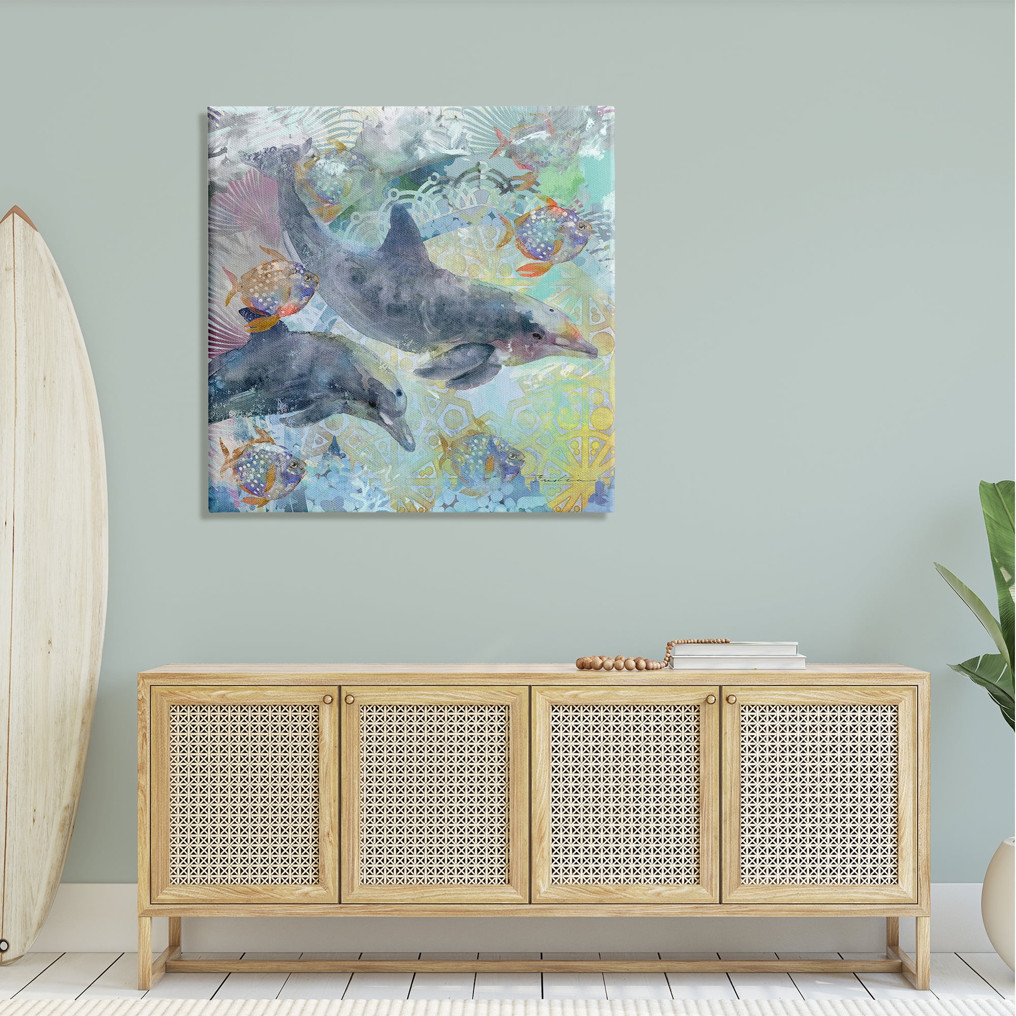 Stupell Dolphins & Fish Aquatic Fractals Landscape Painting Gallery Wrapped Canvas Print Wall Art