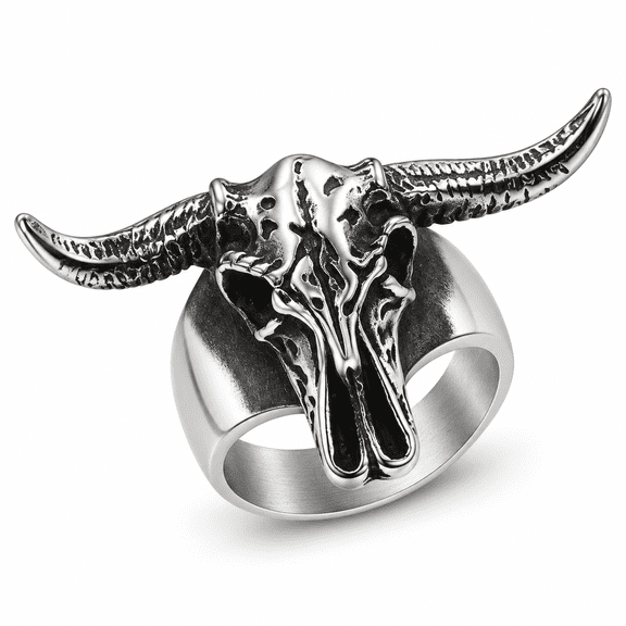 SADELU Men’s Longhorn Skull Ring, Stainless Steel Western Biker Statement Ring, US Sizes 7–13, Gift for Him