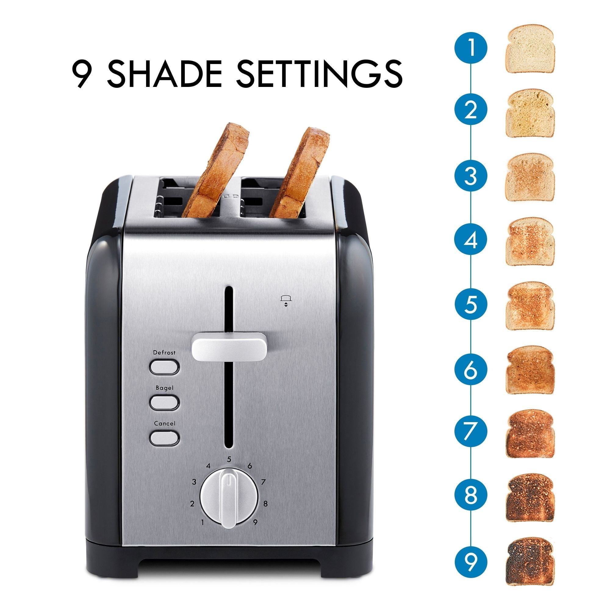 Kenmore 2-Slice Stainless Steel Toaster, Black and Silver, Extra Wide Slots, Bagel Defrost Functions, 9 Browning Levels, Removable Crumb Tray, For Bread, Toast, English Muffin, Toaster Strudel