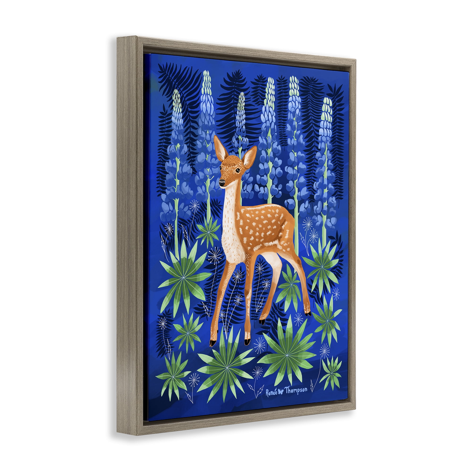 Stupell Industries Fawn & Lupine Flowers Animals Painting Brown Floater Framed Canvas Art Print Wall Art, 17 x 21