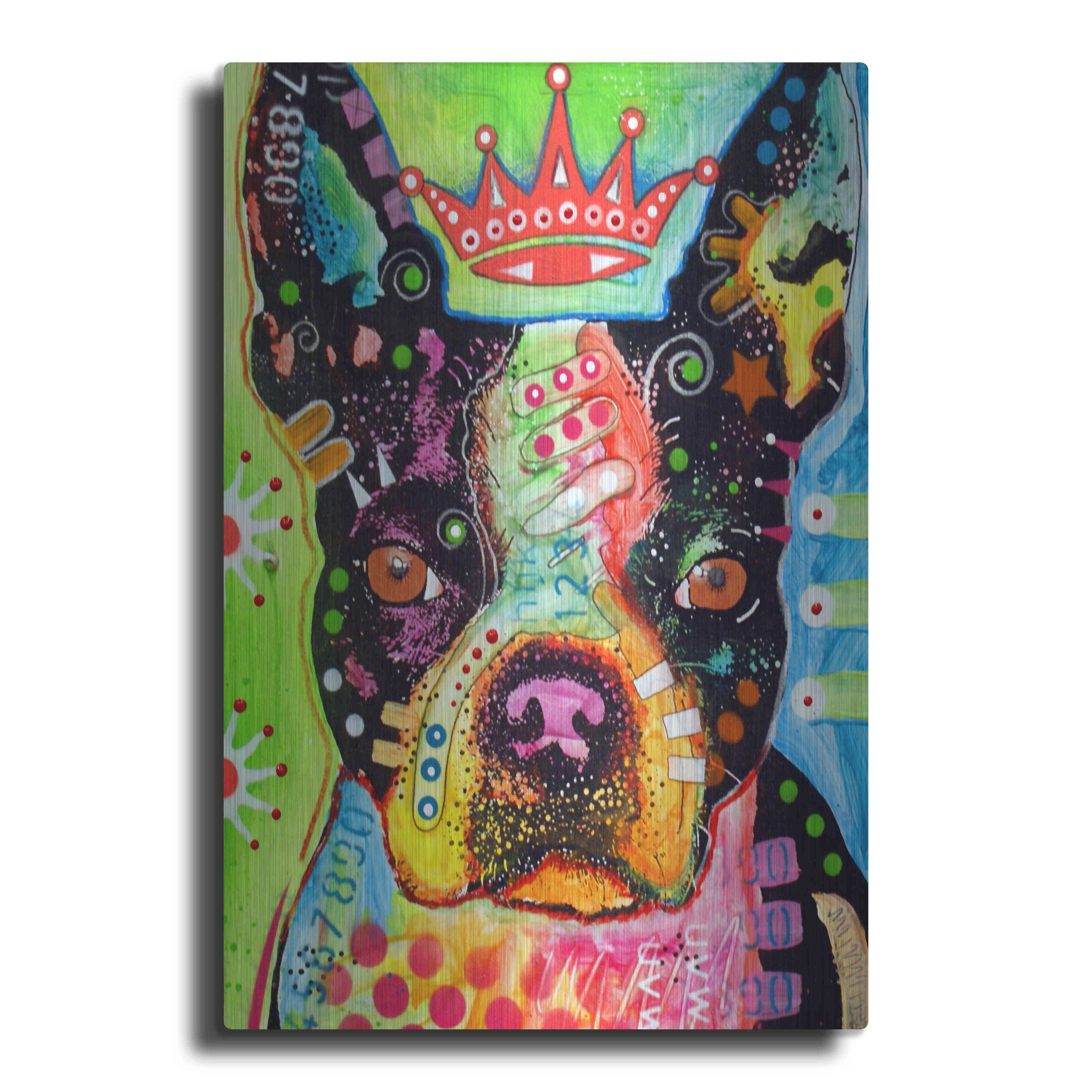 Luxe Metal Art 'Boston Terrier Crowned' by Dean Russo, Metal Wall Art, 12"x16"