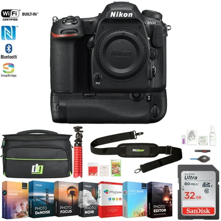 Nikon D500 20.9 MP CMOS DX Format DSLR Camera (1559) with 4K Video (Body) w/ 32GB Deluxe Battery Grip Bundle Includes, Accessories, Deco Gear Camera Bag and Photo & Video Professional Editing