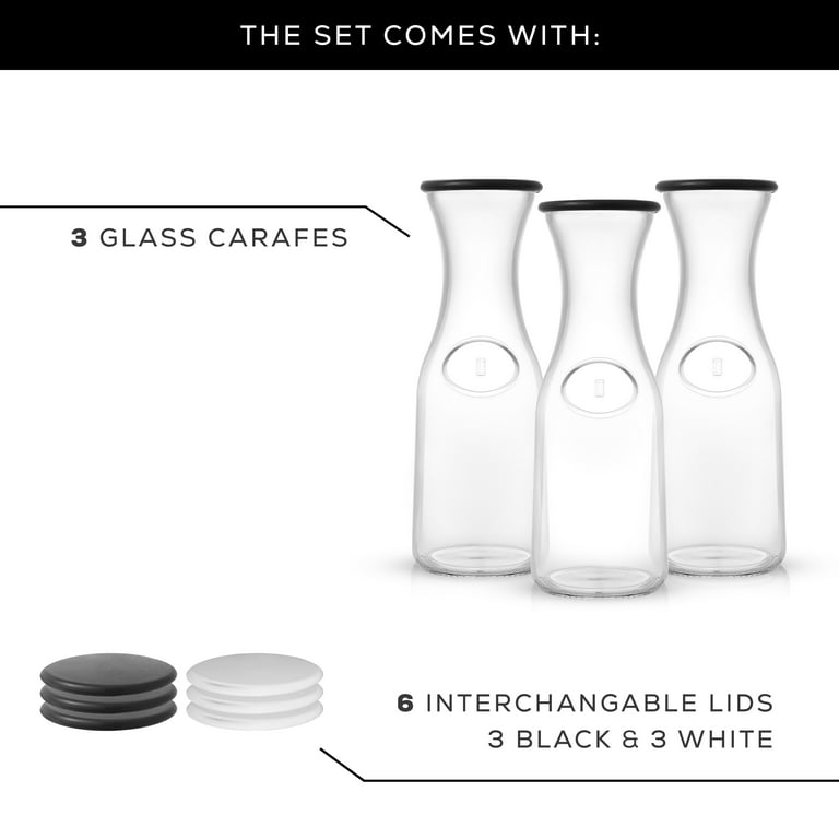 JoyJolt Hali Glass Carafe Bottle with Lids - Set of 3 Glass Pitchers with  Black and White Lids [35 oz]