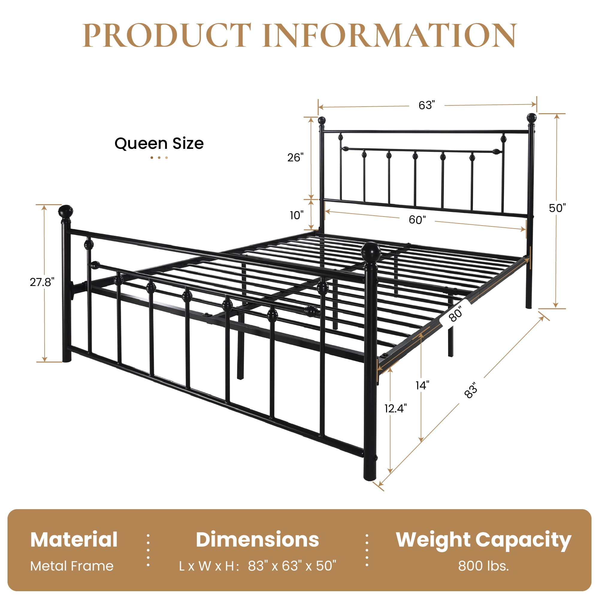 Sha Cerlin Black Queen Size Metal Platform Bed Frame with Victorian Vintage Headboard & Footboard, Adult