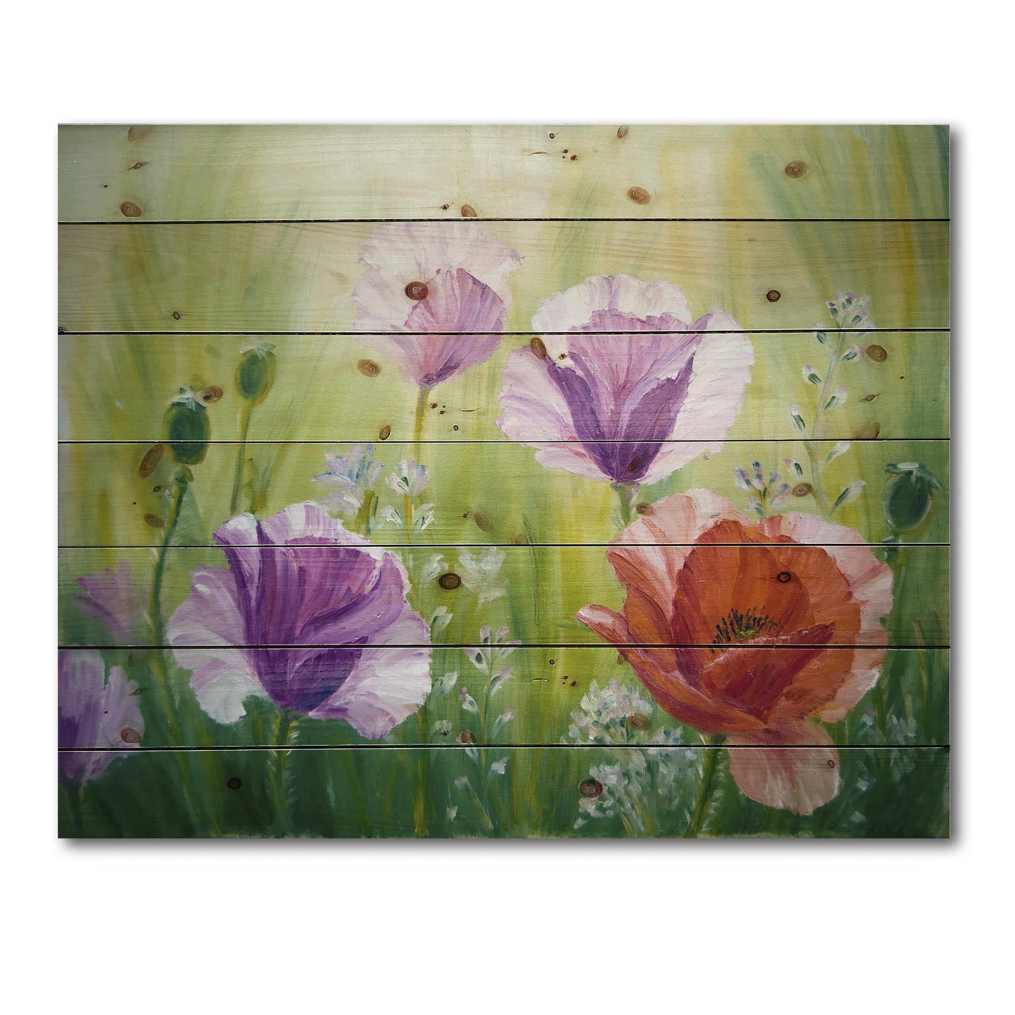 Designart 'Blossoming Red and Purple Poppies In The Morning II' Traditional Print on Natural Pine Wood