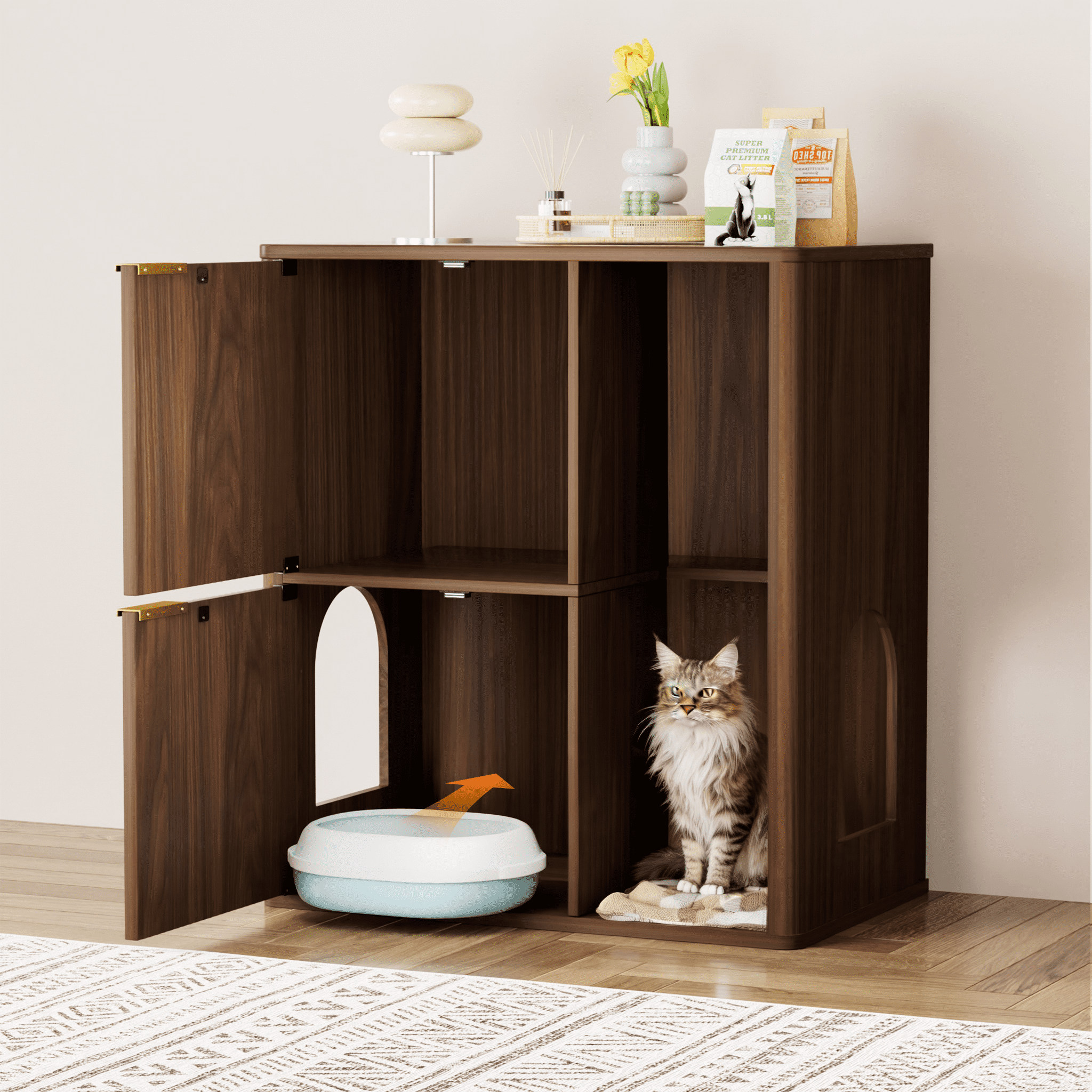31.5-inch Walnut Cat Litter Cabinet with Cat Tree, Grooved Concealed Litter Furniture Featuring Dual Cat Doors and Storage Shelves, Versatile Pet Cabinet for Living Rooms or Bedrooms