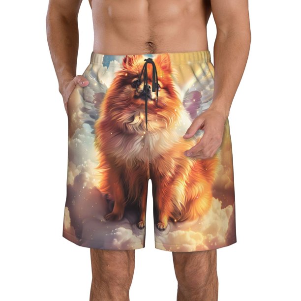 Balery Cute Cloud Pomeranian Traje de Baño Estilo Hawaiano para Hombre, Shorts de Secado Rápido con Bolsillos-Large