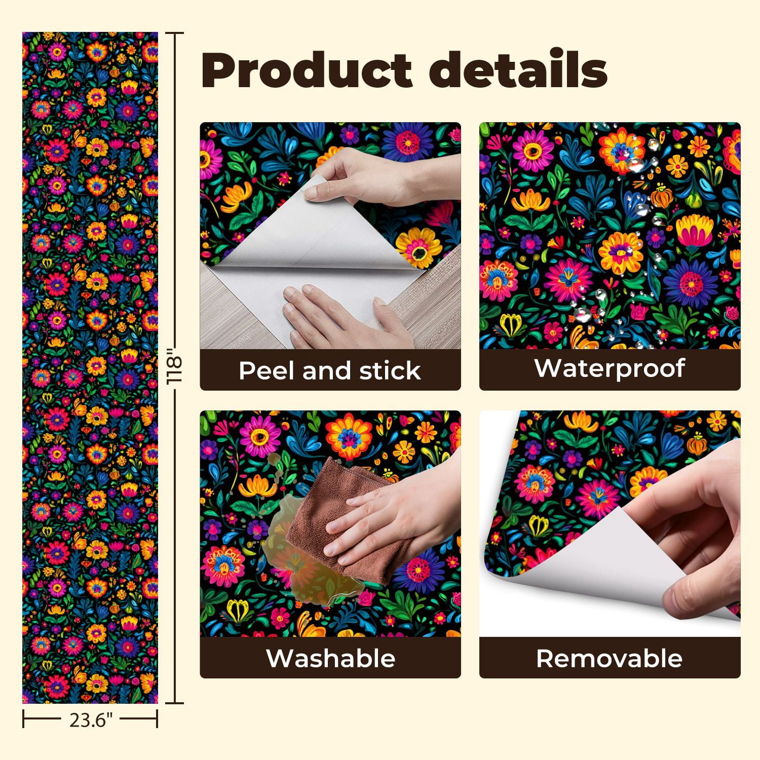 Mexican Peel and Stick Wallpaper Colorful Floral Vibrant Flowers Leaves Black Wall Mural 23.6in x 9.8ft Self Adhesive Removable Wall Paper Renter Friendly Wallpaper for Nursery Bedroom Cabinets