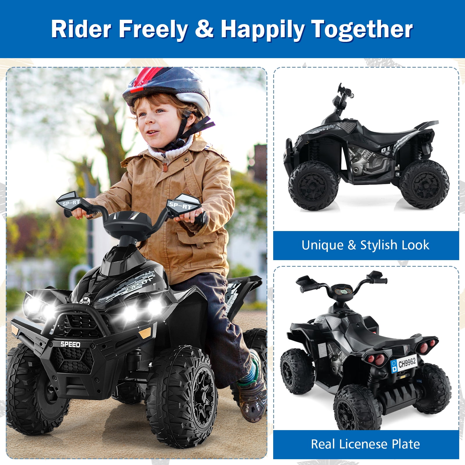 OLAKIDS Kids Ride on ATV, 12V 4-Wheeler Quad Toy Vehicle with Music, Horn, High Low Speeds, LED Lights, Electric Ride On Toy, Battery Powered Wheels Car for Kids Over 3 Years Old