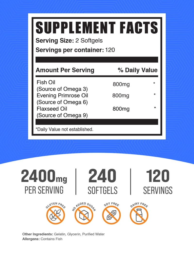 BulkSupplements Omega 3-6-9 Softgels - 2 Softgels per Serving (2400mg), 240 Count