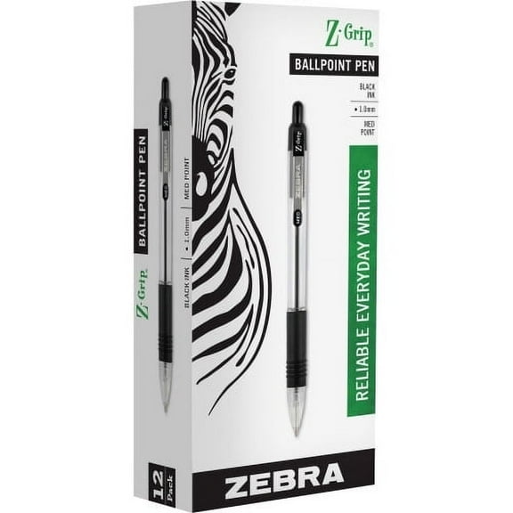 Zebra Pen Z-Grip Retractable Ballpoint Pens Medium Pen Point - 1 mm Pen Point Size - Retractable - Black - Black Barrel - 12 / Dozen