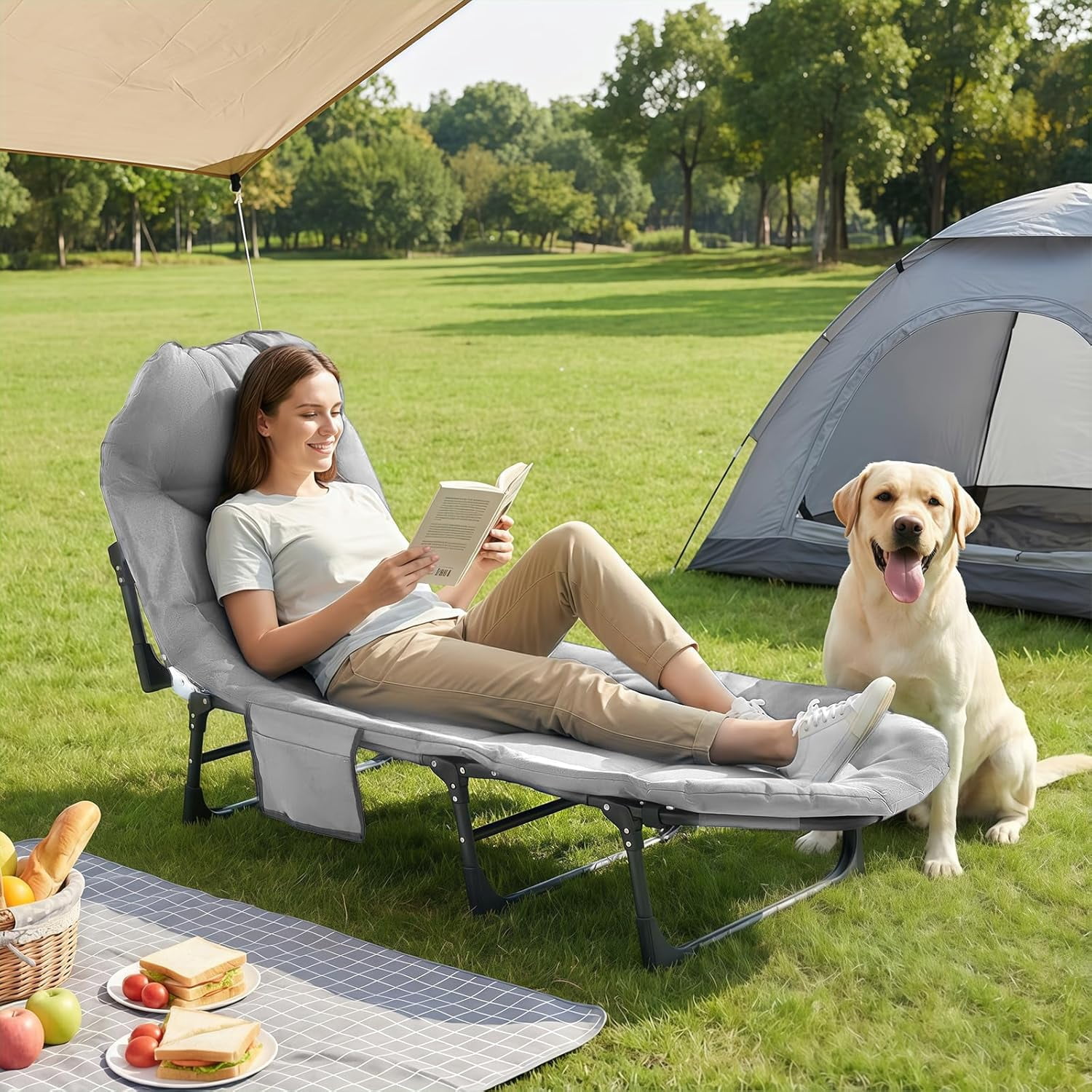 Simenmax Folding Camping Cot with Headrest and Mattress, Portable Sleeping Bed Cot, Heavy Duty Cot Bed for Camping, Office, Travel,Gray
