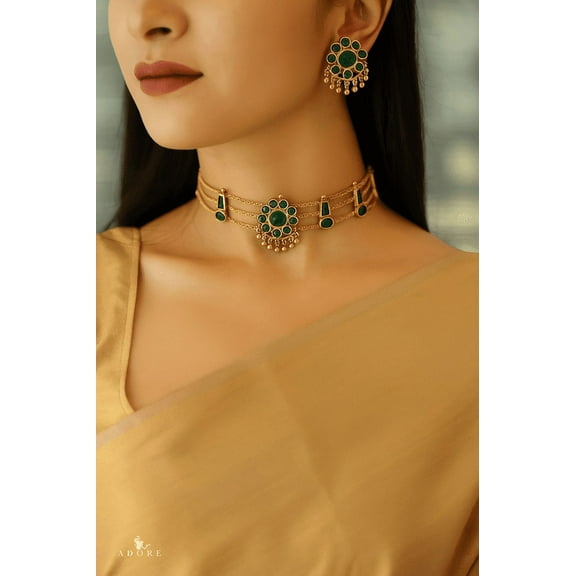 Traditional South Indian Gold-Plated Green Stone Choker Necklace with Matching Earrings