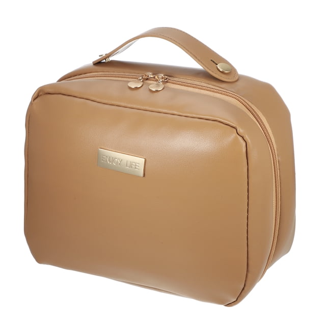 Bolsa de Aseo Bolsa de Maquillaje de Viaje Gran Capacidad Bolsa Cosmética de Cuero PU para Mujeres y Niñas Marrón