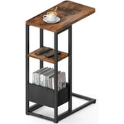 C Shaped End Table with Charging Station Small Side Table for Couch Recliner Slide Under Sofa Desk Snack Tables with Storage Bag & AC / USB Outlet Small Spaces Drink Tables for Liv