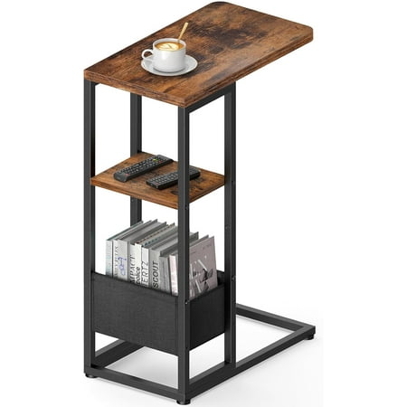 C Shaped End Table with Charging Station Small Side Table for Couch Recliner Slide Under Sofa Desk Snack Tables with Storage Bag & AC / USB Outlet Small Spaces Drink Tables for Liv