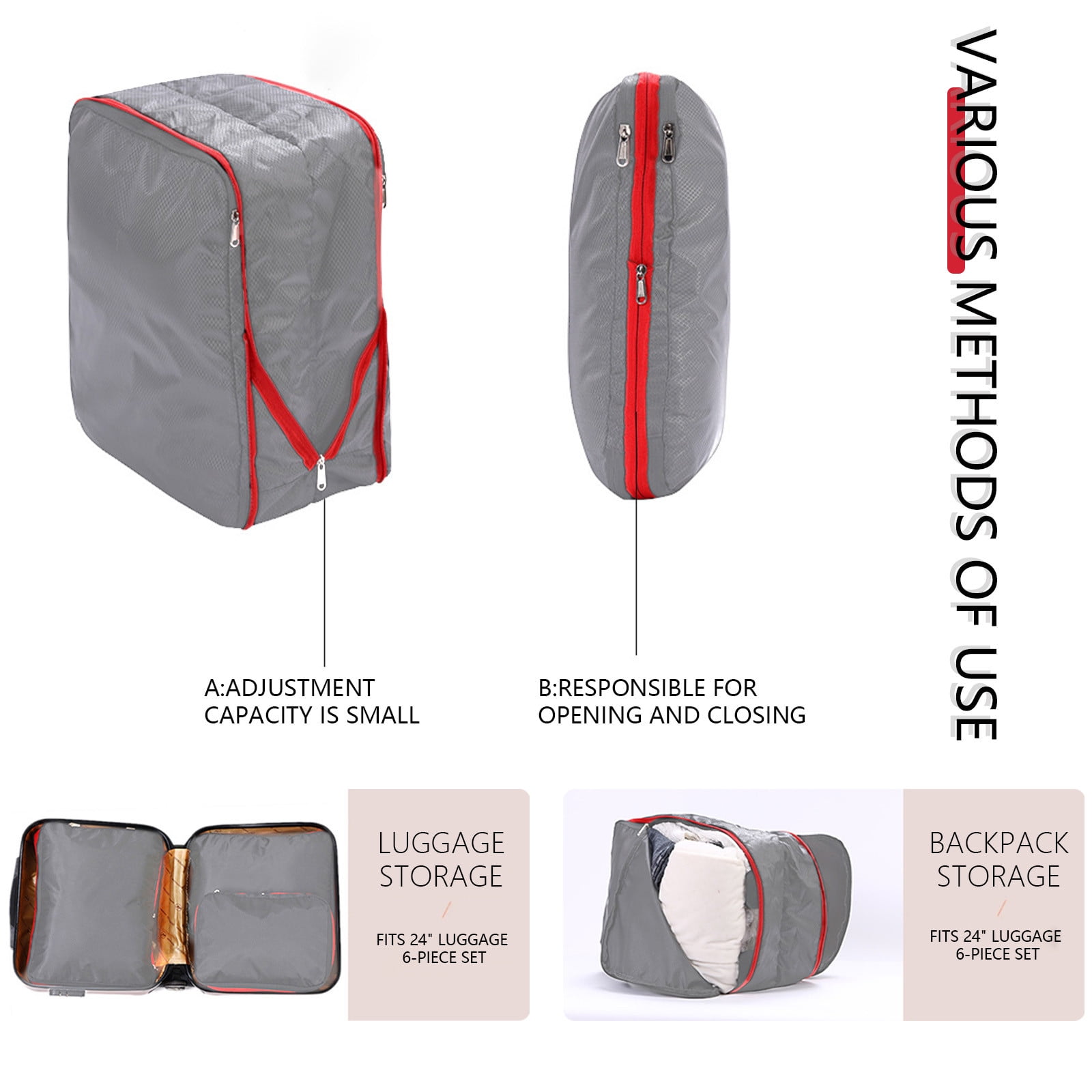 Travel Luggage Packing Cubes Set of 3, Expandable Suitcase Organizers for Clothes Storage, Travel Essentials, Oxford Cloth, 15.75x11.81in, Gray/Red