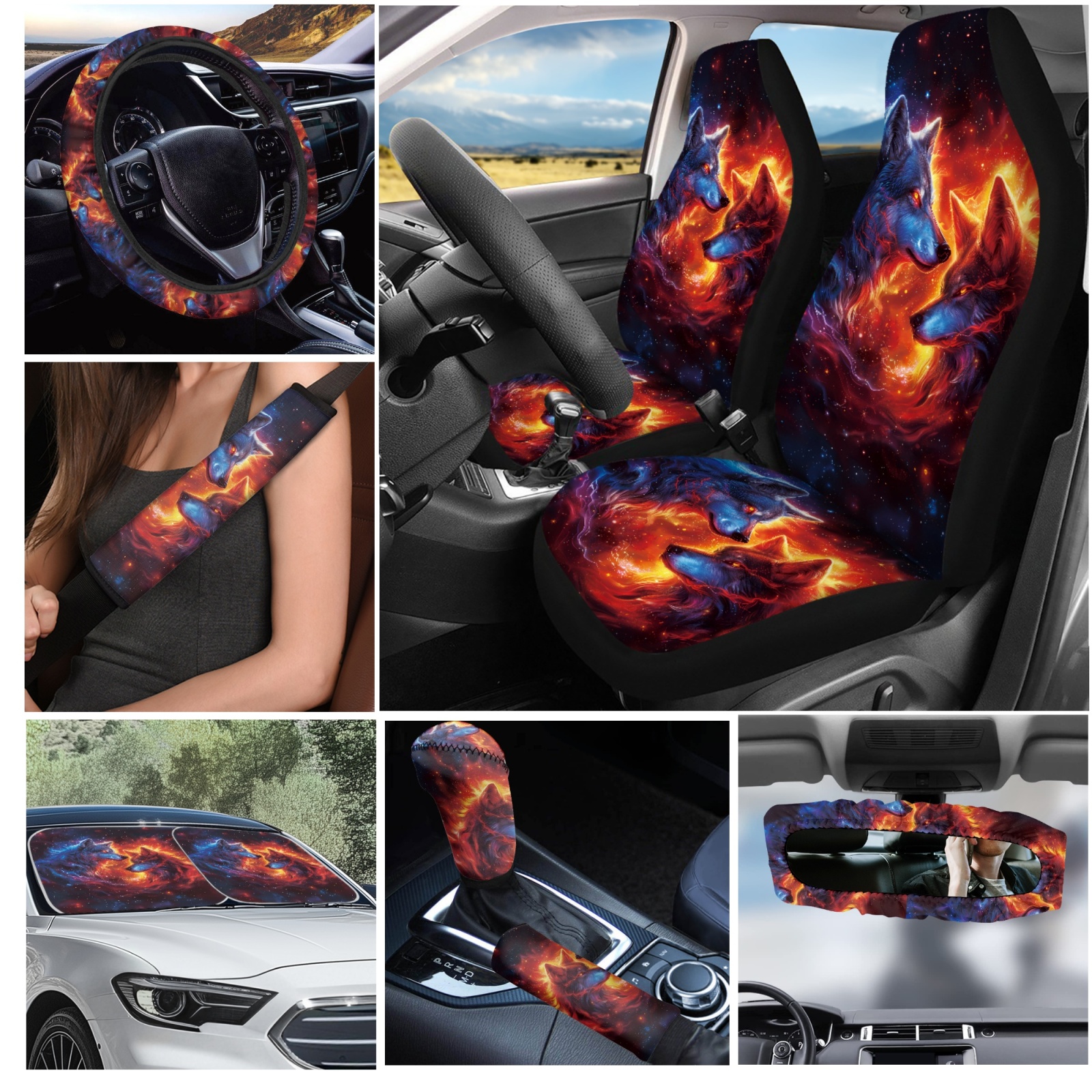 Yuyamidu Galaxy Car Seat Covers Full Set of 16 Fire Wolf Steering Wheel Cover Seat Belt Pad Sunshade Rearview Mirror Cover Car Coasters Key Chain Gear Shift Knob Cover Fit Most Vehicles