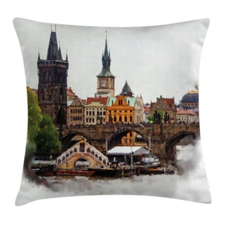 Scenery Decor Throw Pillow Cushion Cover, European Country Landscape with Houses and River Watercolored like Print, Decorative Square Accent Pillow Case, 18 X 18 Inches, Multicolor, by (Best Scenery Wallpapers For European Countries Desktop)