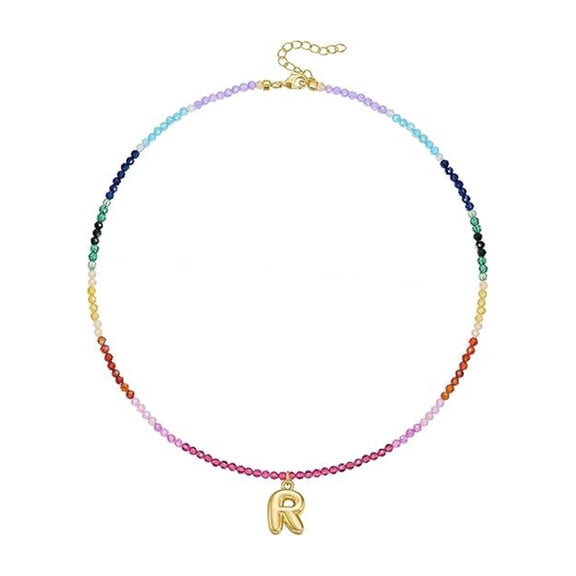 WINDLAND Multilayer Rainbow Gemstones Letter Necklace 14K Gold Plated Adjustable Chain Beach Party Jewelry Gifts Daily Use