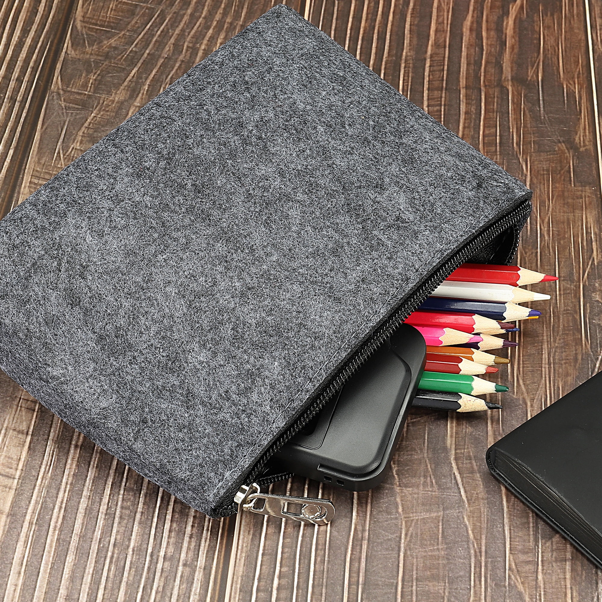 Unique Bargains Felt Pencil Bag Pen Case Stationery Storage Zipper Pouch Organizer Office Gray