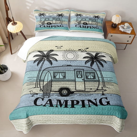 Catabedysis Ocean Beach Camping Quilt Full,Camper Print Full Bedspread Sets For Boys,Multicolor,3 Pieces