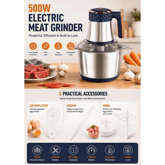 Electric Food Chopper 5L, 500W Meat Grinder with 3