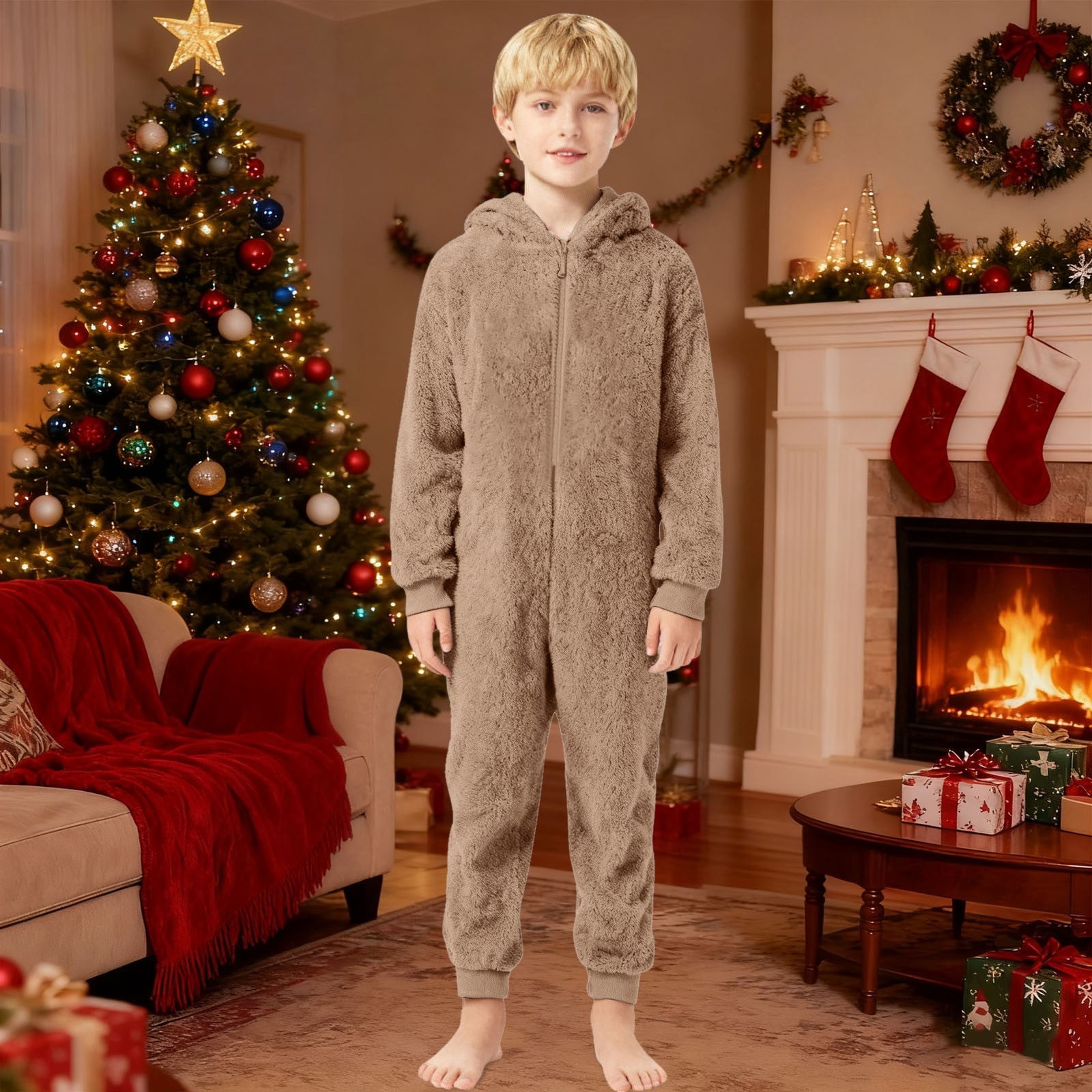 WOYY Onesies for Boys Girls Hooded Jumpsuit Winter Warm Romper One-Piece, Sizes 5-6
