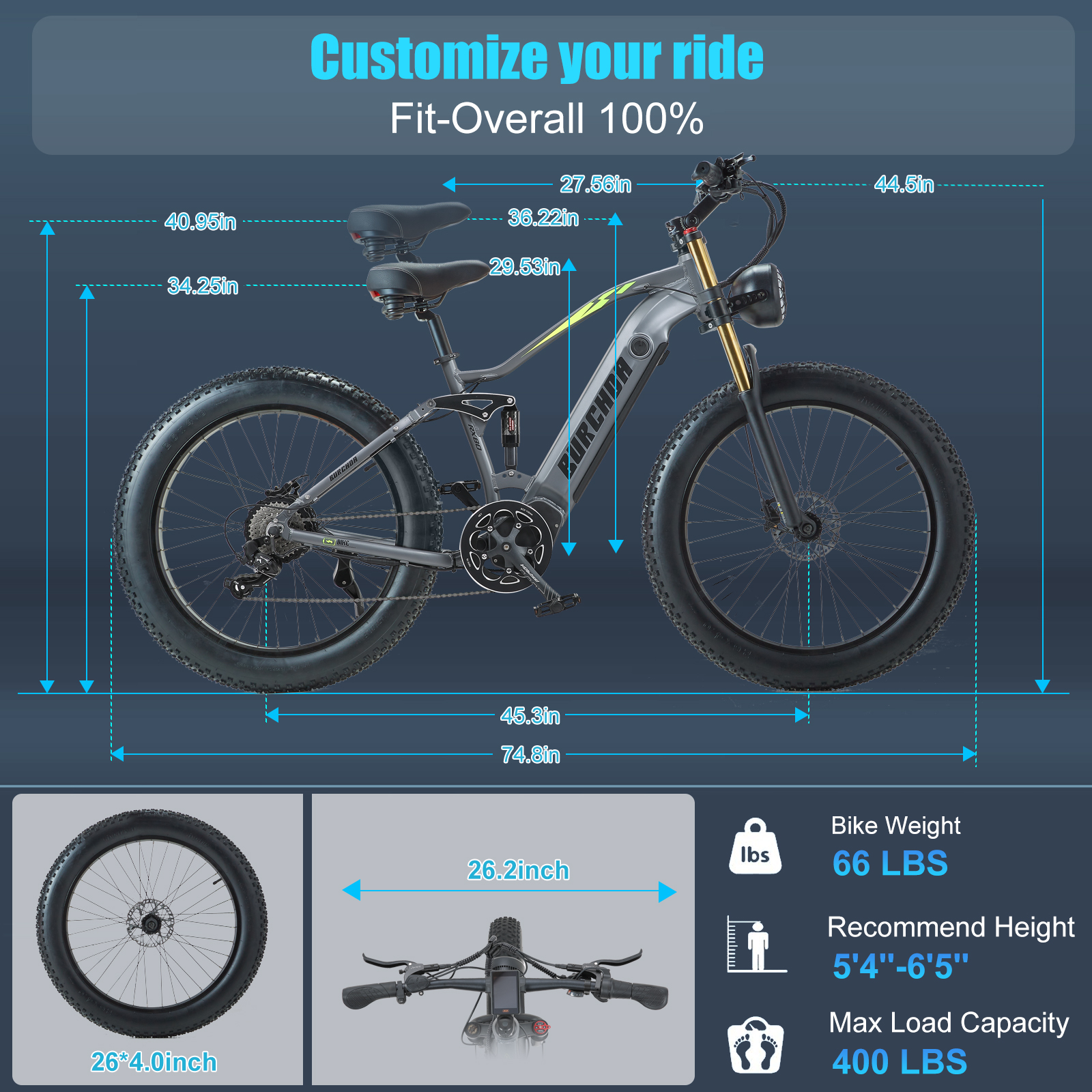 BIGUODIR Electric Bike Adults 1000W, 80Miles & 48V 20Ah Battery, 26" Fat Tire Full Suspension Ebike, 30MPH Long Range Off Road Mountain E Bike, 7 Speed Gears, Dual Hydraulic Disc Brakes