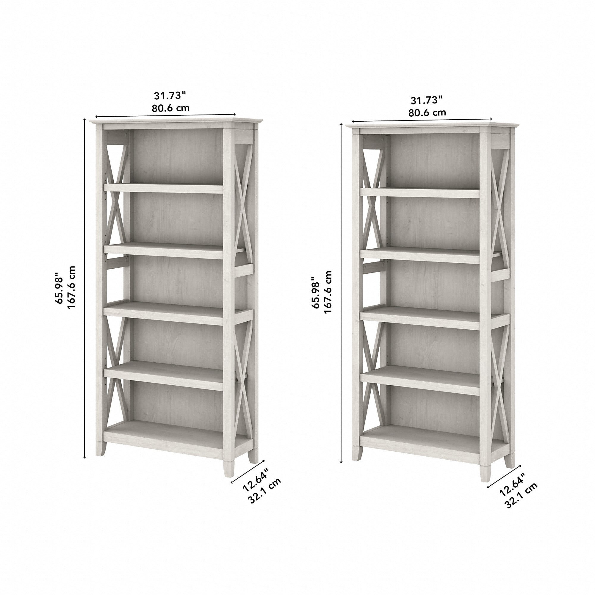 Bush Furniture Key West Tall 5 Shelf Bookcase, Set of 2, Linen White Oak