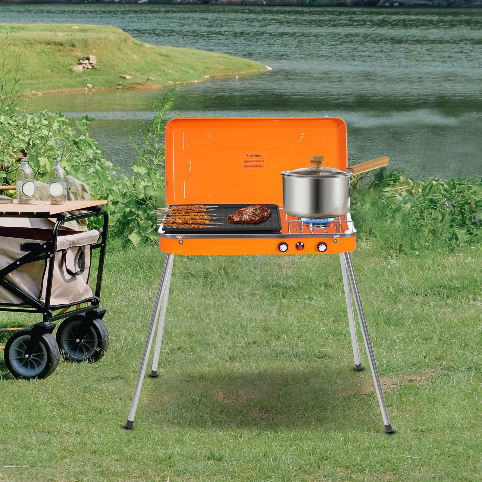 2-Burner Gas Camping Stove, Adjustable Firepower Portable Outdoor Grill Stove for Camping BBQ Picnic