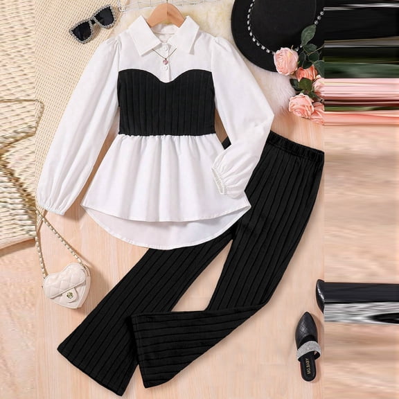 CUZIBR Girls Fashion Summer Outfits Long Sleeve Button Down Turndown Collar Ribbed Knitted Patchwork Shirt Tops Solid Color Slim Fit Straight Leg Pants 2 Piece Clothes Sets,Black,10-12 Years
