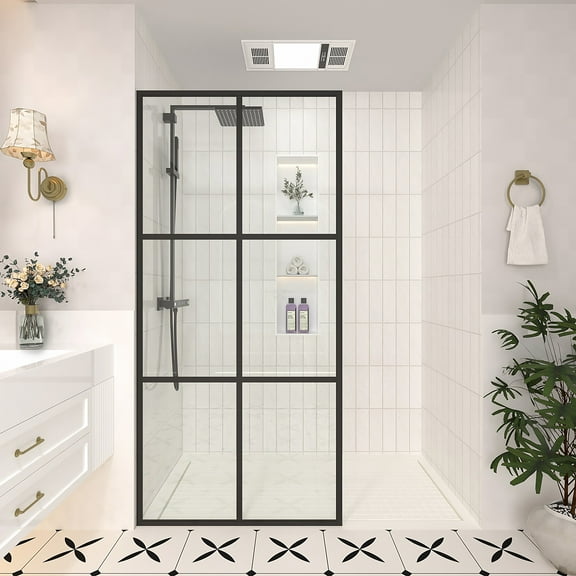 34 in. W x 72 in. H Fixed Framed Shower Door in Matte Black Finish with Patterned Glass