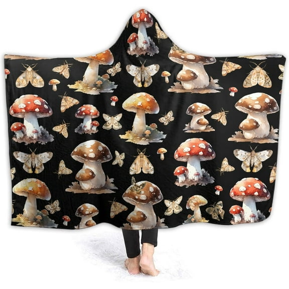 Mushroom Moth Hooded Blanket Wearable Hooded Blanket Cover Blanket Shawl Warm Robe Shawl Blanket Is Perfect For Bed And Couch Travel And Also A Great Surprise For The Holidays 60"x80" For Adults