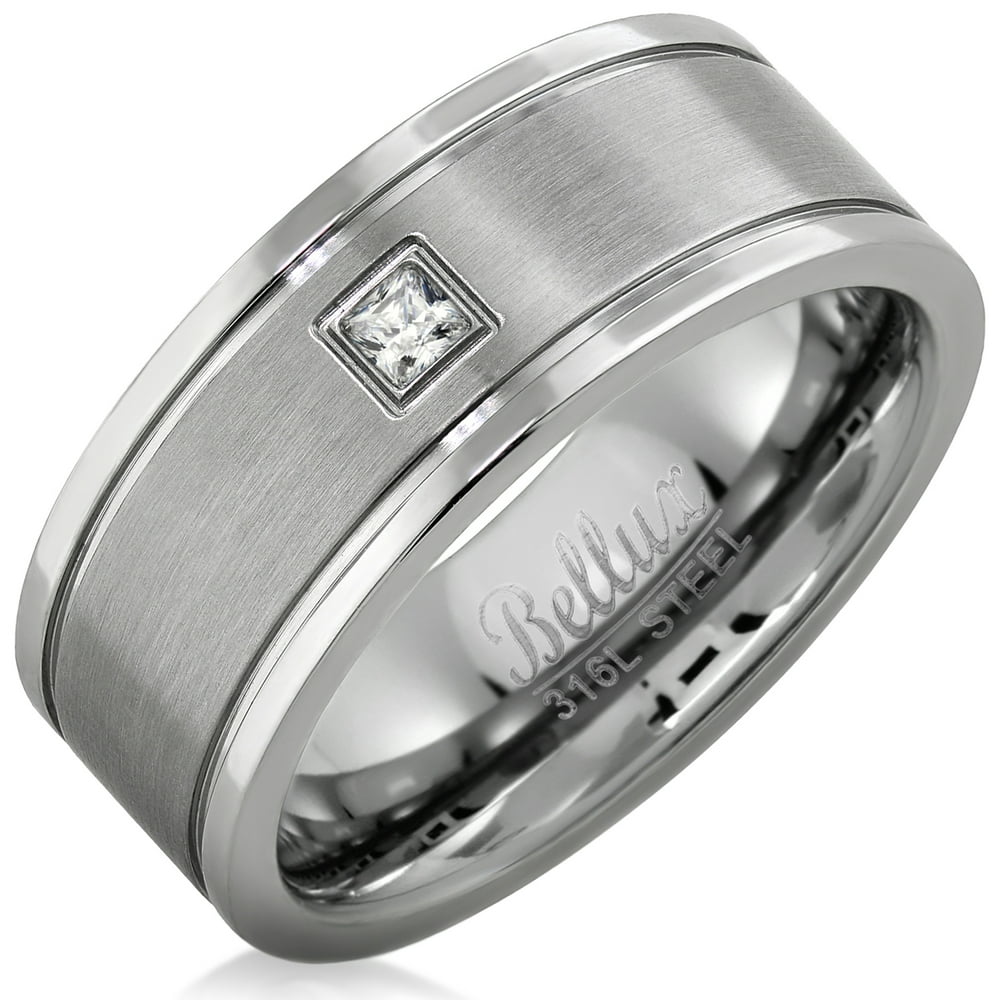 Bellux Style Stainless Steel Mens Wedding Rings CZ
