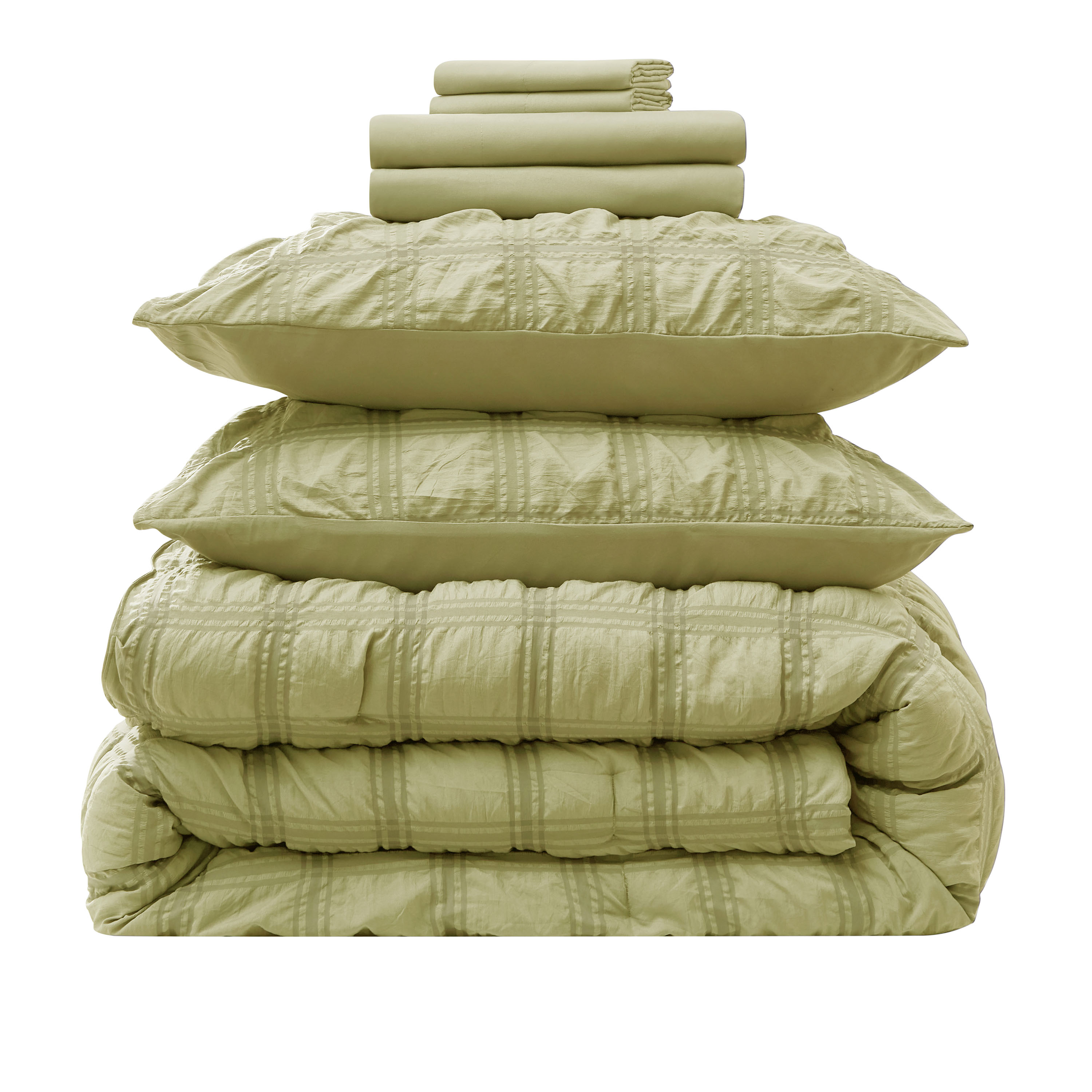 LammaLoe Queen Comforter Set, 7 Piece Seersucker Bed in a Bag, Bedding Comforter Set with Sheets, Modern Bed Set, Olive Green