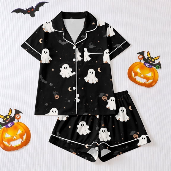 Women Halloween Pajama Set Short-Sleeve Button-Down Shirt and Shorts Sleepwear Spooky Pumpkin Ghost Graphic Loungewear Outfit for Fall Season Relaxing