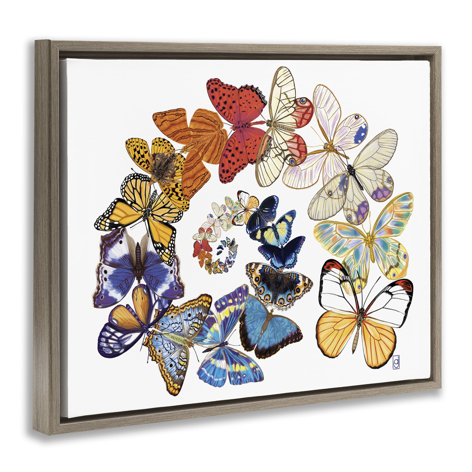 Stupell Industries Fly Away Butterflies Animals Painting Brown Floater Framed Canvas Art Print Wall Art, 21 x 17